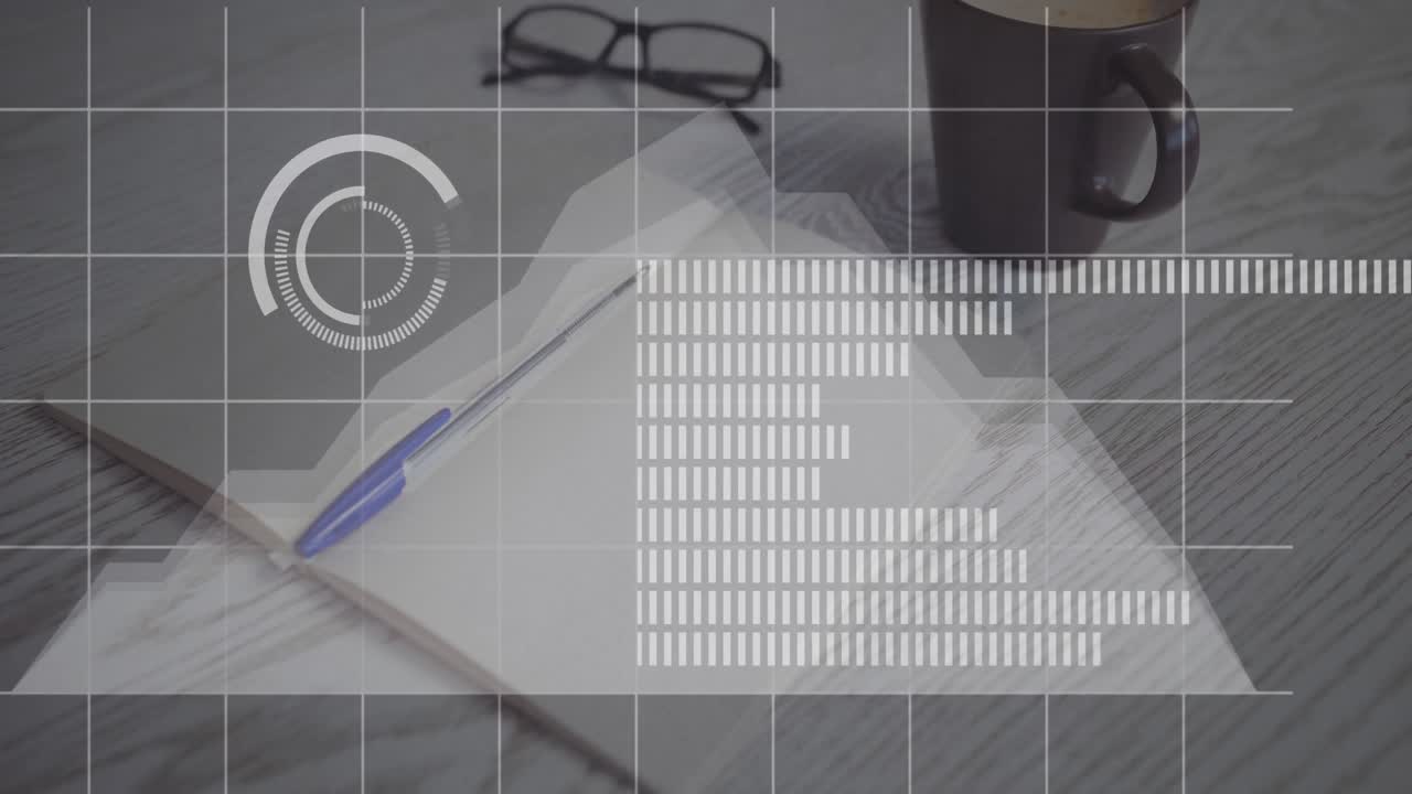 책, 펜, 안경 및 테이블 위의 커피 컵 위에 로딩 바와 원의 애니메이션