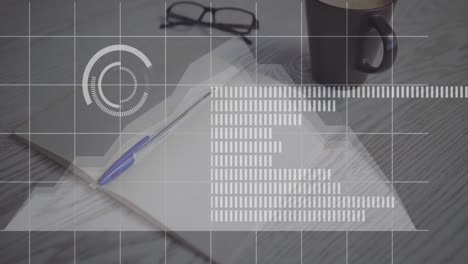 animación de barras de carga y círculos sobre libro, bolígrafo, gafas y taza de café en la mesa