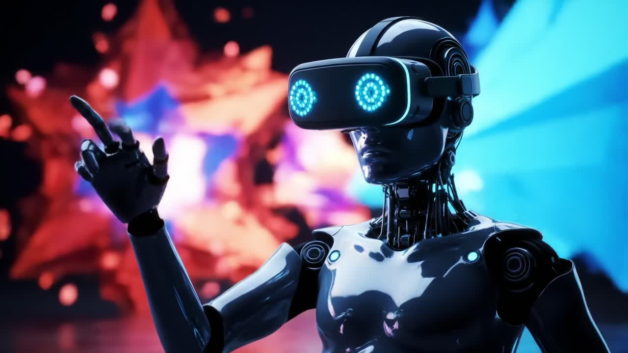 Futuristic Robot Experiencing Virtual Reality Immersion with Enhanced Visual Effects in a Digitally Created Environment
