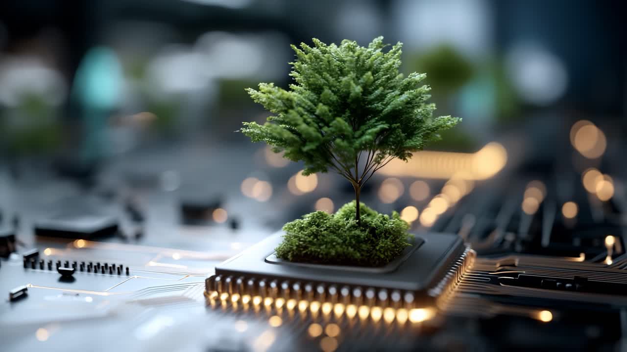 Green tree growing on a computer chip. A lush green tree emerges from a microchip, symbolizing nature's resilience in a tech-dominated world.