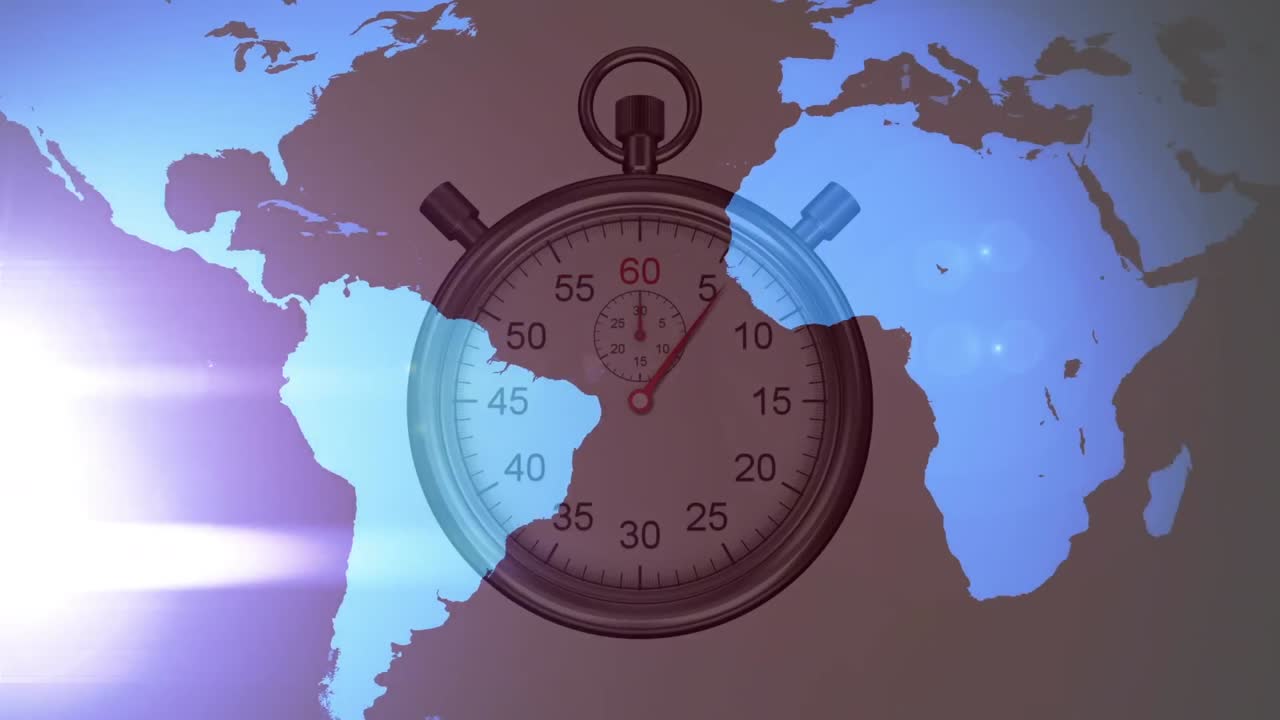 Animazione di mappa del mondo con punti luminosi e cronometro