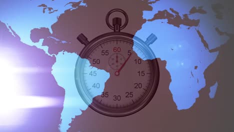 Animation-of-world-map-with-glowing-lights-and-stopwatch