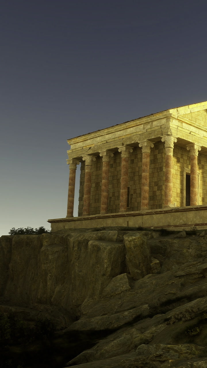 Majestic ancient temple stands on rugged cliffs under a vibrant sky