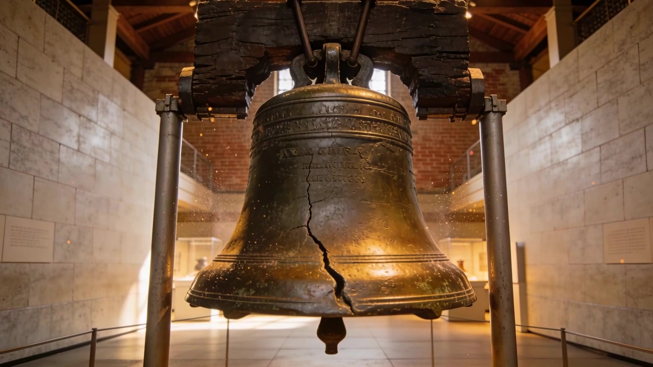 Iniciando movimento de câmera revelando um sino rachado e um jugo de madeira para destacar a rachadura em um museu.