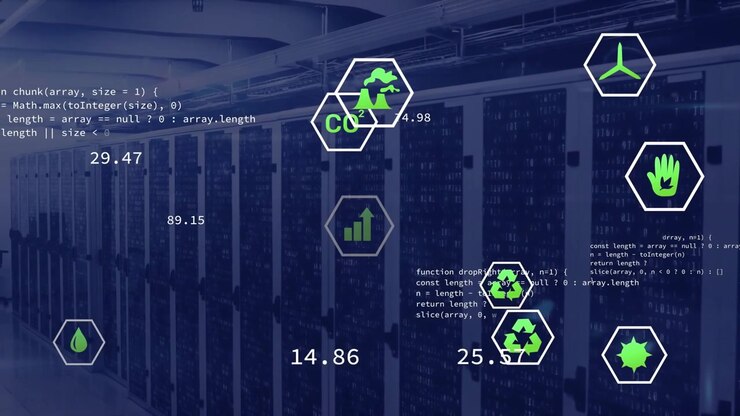 Animation of data processing with icons over server room