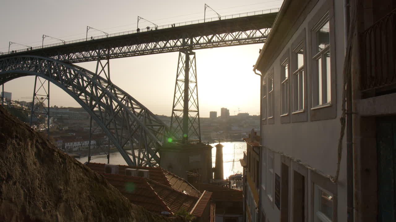 Double-Arch Metal Bridge Of Dom Luis I In Porto, Portugal. Wide shot