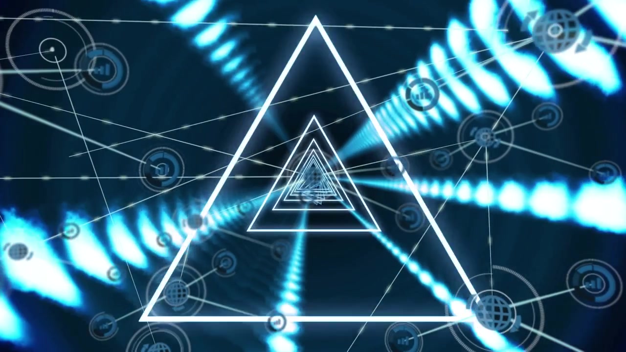Animation of network of connections with icons and neon tunnel on black background