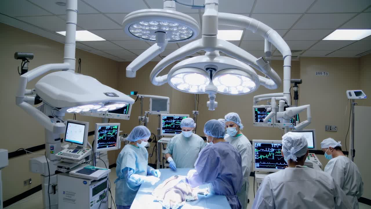 Aerial video shot of a modern surgical room with a medical team operating, showcasing advanced
