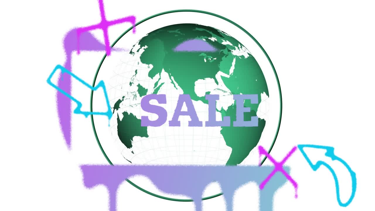 Animação de texto "promoção", setas e símbolos de "x" sobre globo giratório em fundo branco