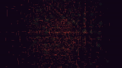 abstract black and white grid with vibrant orange and green shapes in chaotic arrangement