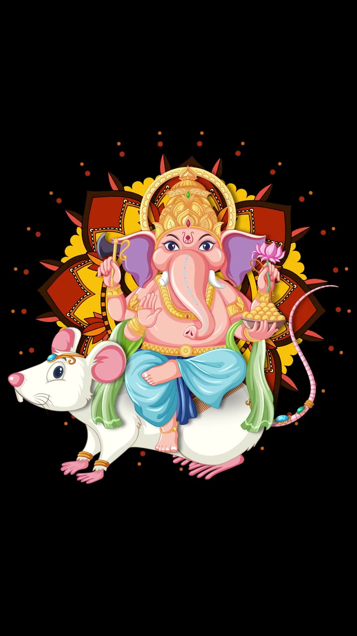Illustrazione a cartone animato colorata di Ganesha che cavalca un topo su sfondo nero con mandala