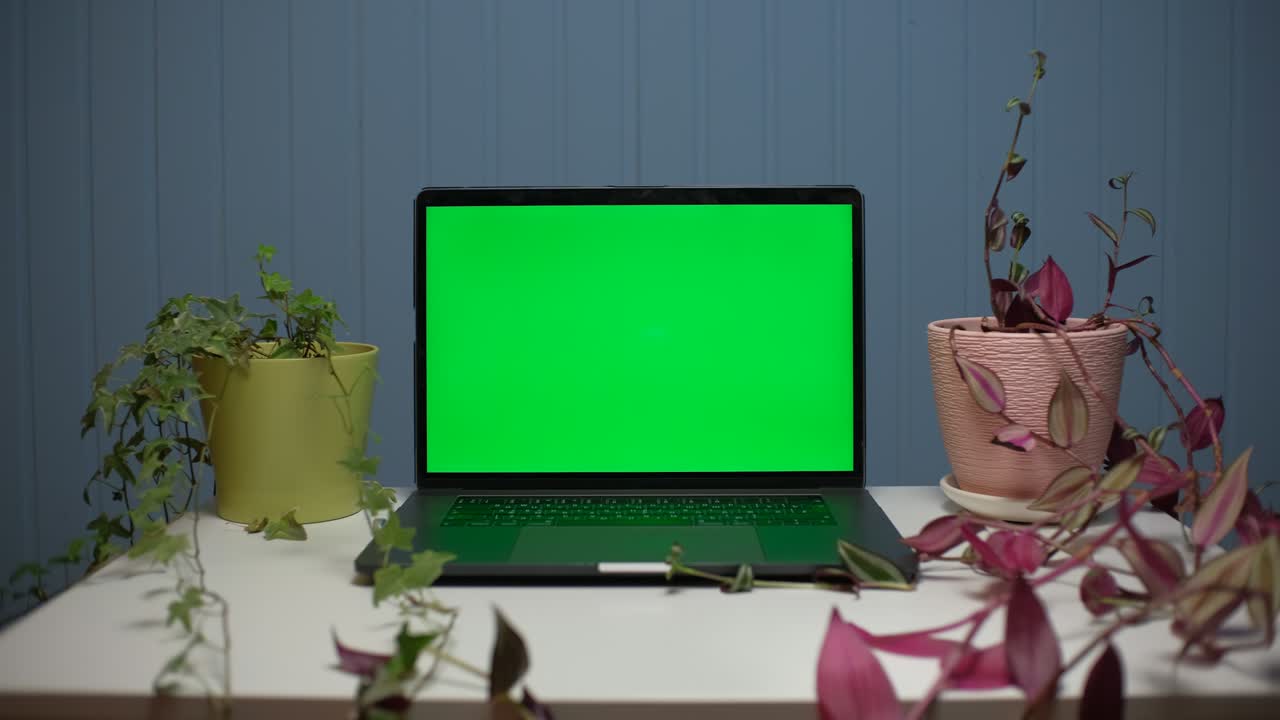 Green screen laptop computer on a homework desk with plants