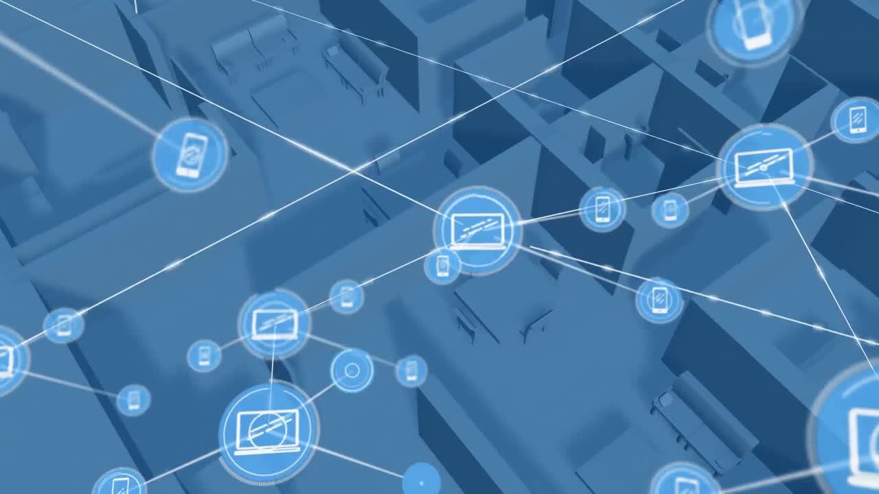 스마트 폰 및 노트북 아이콘으로 네트워크 연결의 애니메이션
