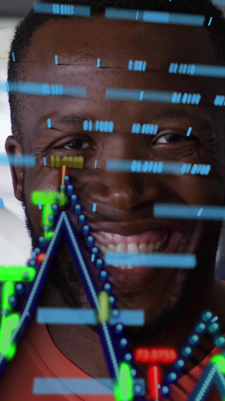 Man smiling in car while sliding blue bars starting face tracking and animating graphs for tech