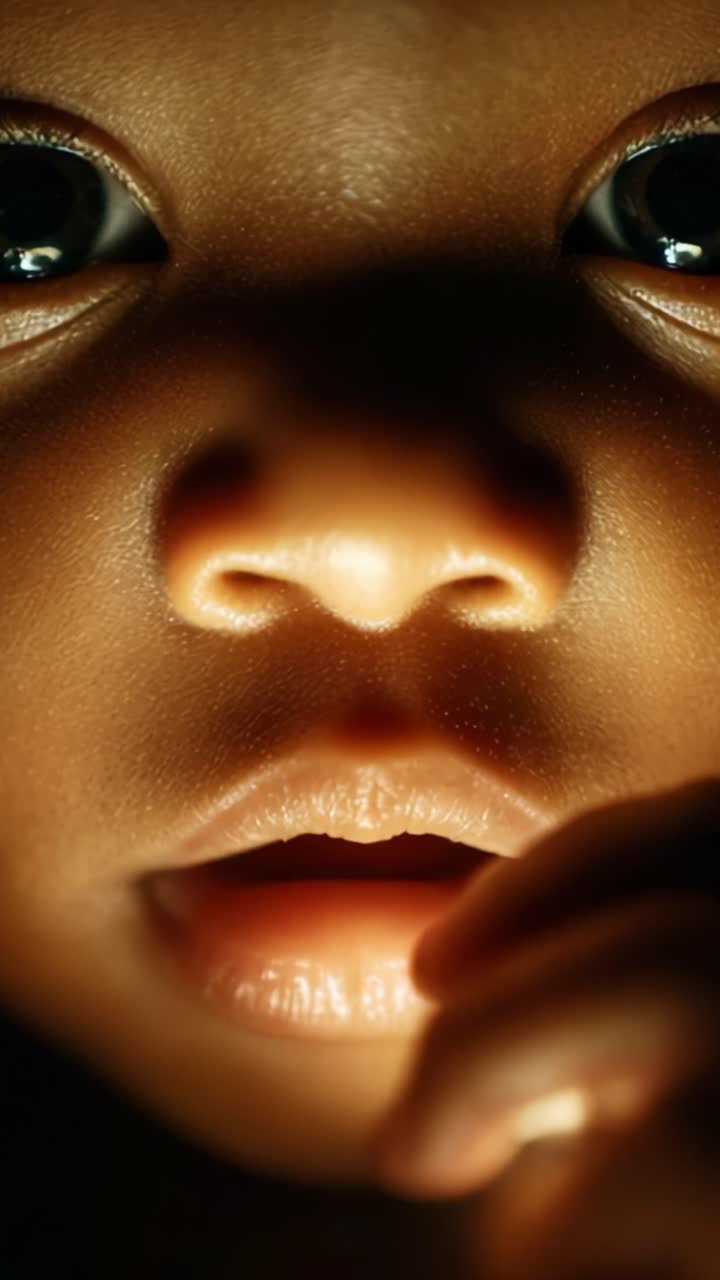 A Close-Up of a Baby's Face with Expressive Eyes Illuminated in Shadows, Capturing the Innocence and Curiosity of Early Childhood in a Beautiful Frame