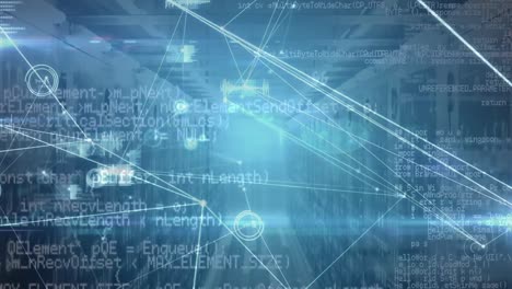 animation of network of connections and data processing over server room