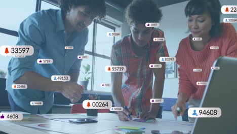 Animation-of-numbers,-icons-in-notification-bars,-diverse-coworkers-working-on-product-design
