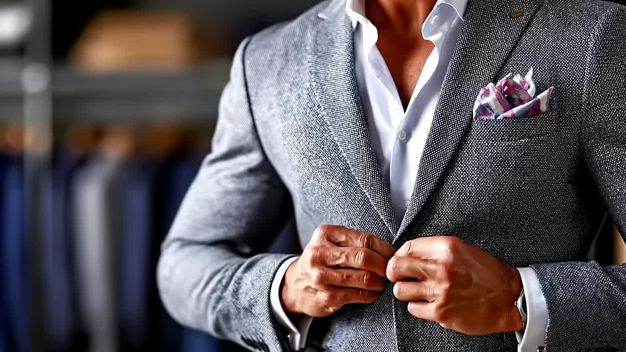 A man in a gray suit adjusting his pocket square