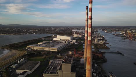 poolbeg power station at dublin port in dublin, ireland - aerial drone