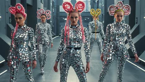 futuristic fashion showcase: a dazzling display with reflection, colorful accessories, and a bold 5-model ensemble in a sleek, high-tech setting