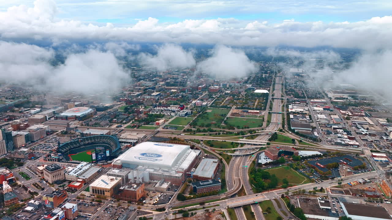 Detroit, USA, 11 August 2025: Detroit skyline with stadium and highways from above. Aerial panorama of Detroit skyline with stadium, highways and urban cityscape