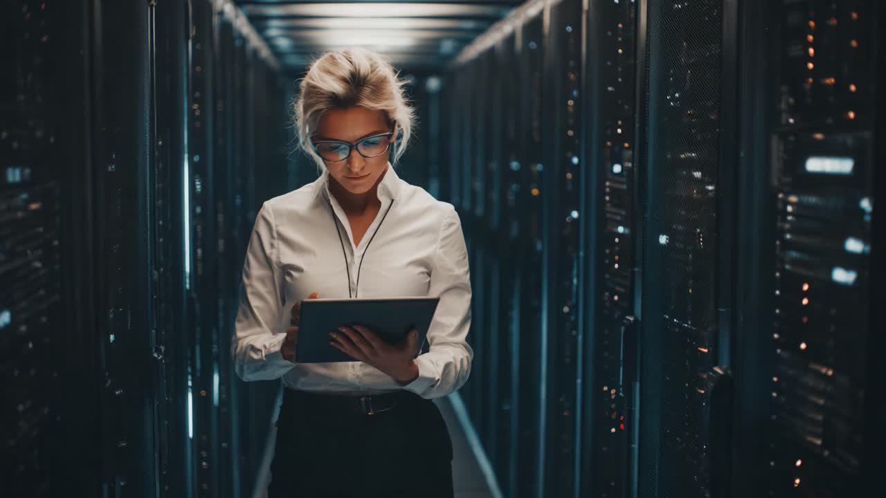 En fokuseret professionel analyserer data i et højteknologisk serverrum, hvilket viser effektivitet og engagement i teknologi i et moderne digitalt landskab
