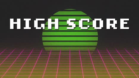 animation of white pixel text high score, over moving pink grid with green sun, on brown