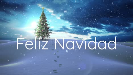 animación de feliz navidad texto sobre árbol de navidad y nieve cayendo en el paisaje de invierno