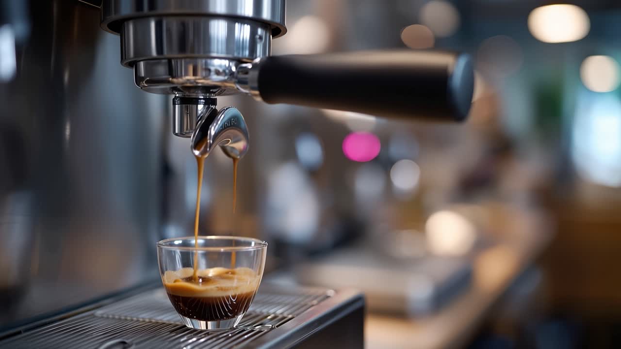 Rich espresso flows into a small cup. Steamy machine hums quietly in soft focus. Warm tones highlight the coffee's richness. Barista's hands are unseen, but the motion implies care