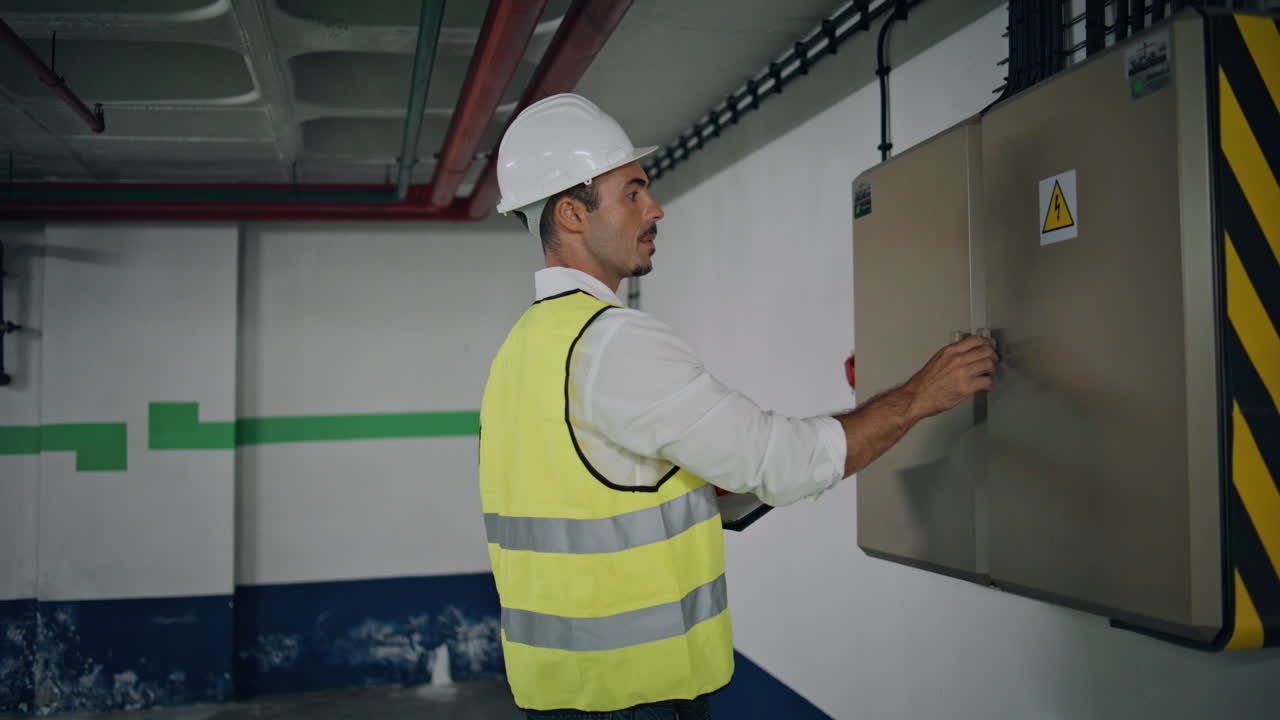 Wiring expert examining power transformer indoors closeup. Serious man writing