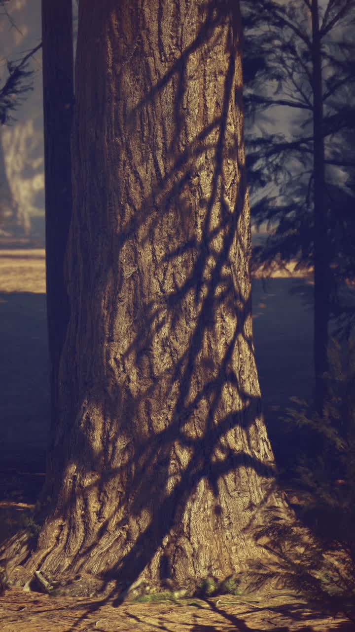 Majestic forest scene with towering trees and intricate shadow patterns