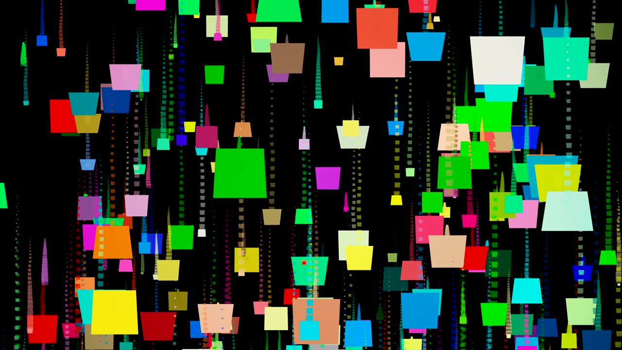 Falling down squares in various colors on black