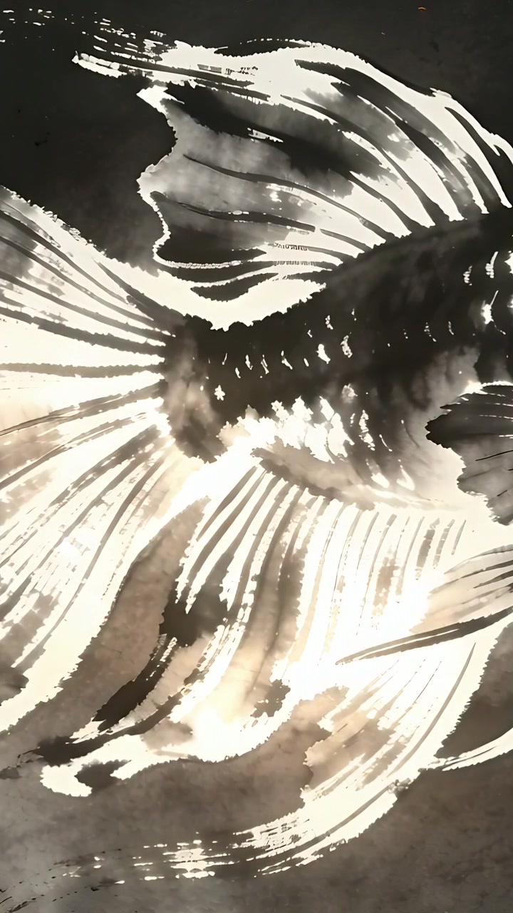 Video verticale: Pesce dipinto a inchiostro che reagisce a un cambiamento di luce su carta testurizzata, studiando la pennellata.