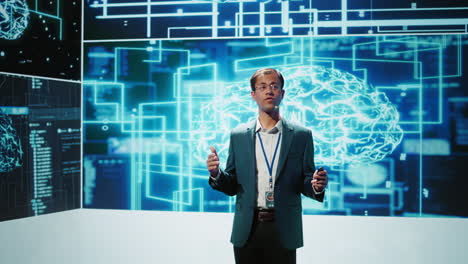 Portrait of upbeat employee working with AI machine learning algorithms