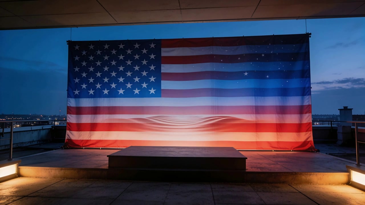 Mostrando grande bandeira americana tremulando enquanto duas luzes de chão pulsam no palco do terraço com plataforma baixa