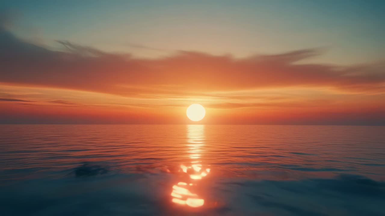 A serene sunset over the ocean with a low-angle view, capturing the sun's reflection on the water