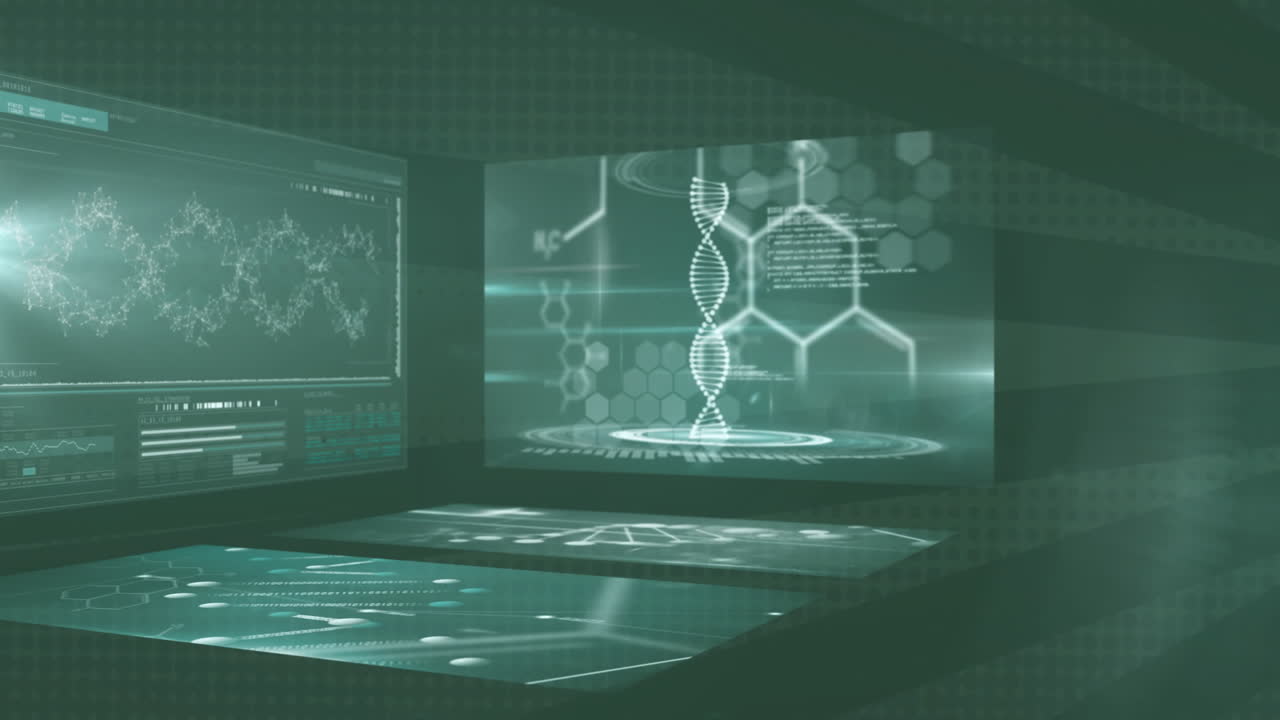 Displaying digital DNA strands and molecular structures on futuristic animation screens