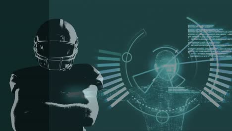 Animation-of-american-football-player-over-processing-circles-and-diverse-data-on-green-background