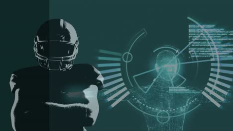 animation of american football player over processing circles and diverse data on green background