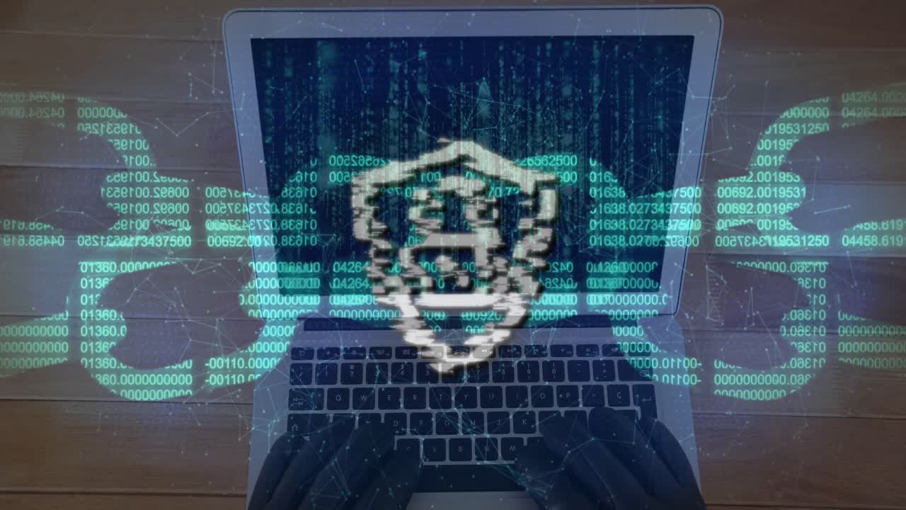 Security padlock, chain and network of connections against laptop on wooden surface