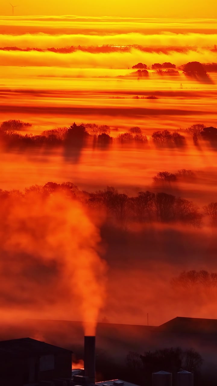 Oranges Sonnenaufgangslicht strömt über neblige Felder, während Rauch von ländlichen Gebäuden aufsteigt.