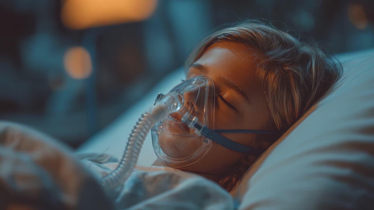 Un bambino che riposa serenamente in un letto d'ospedale, con una maschera per la respirazione, sottolineando la vulnerabilità e la necessità di cure mediche in un ambiente sereno.