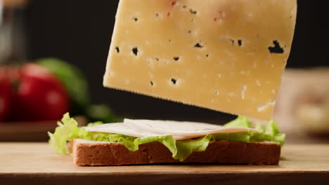 close-up of a sandwich with ham and cheese