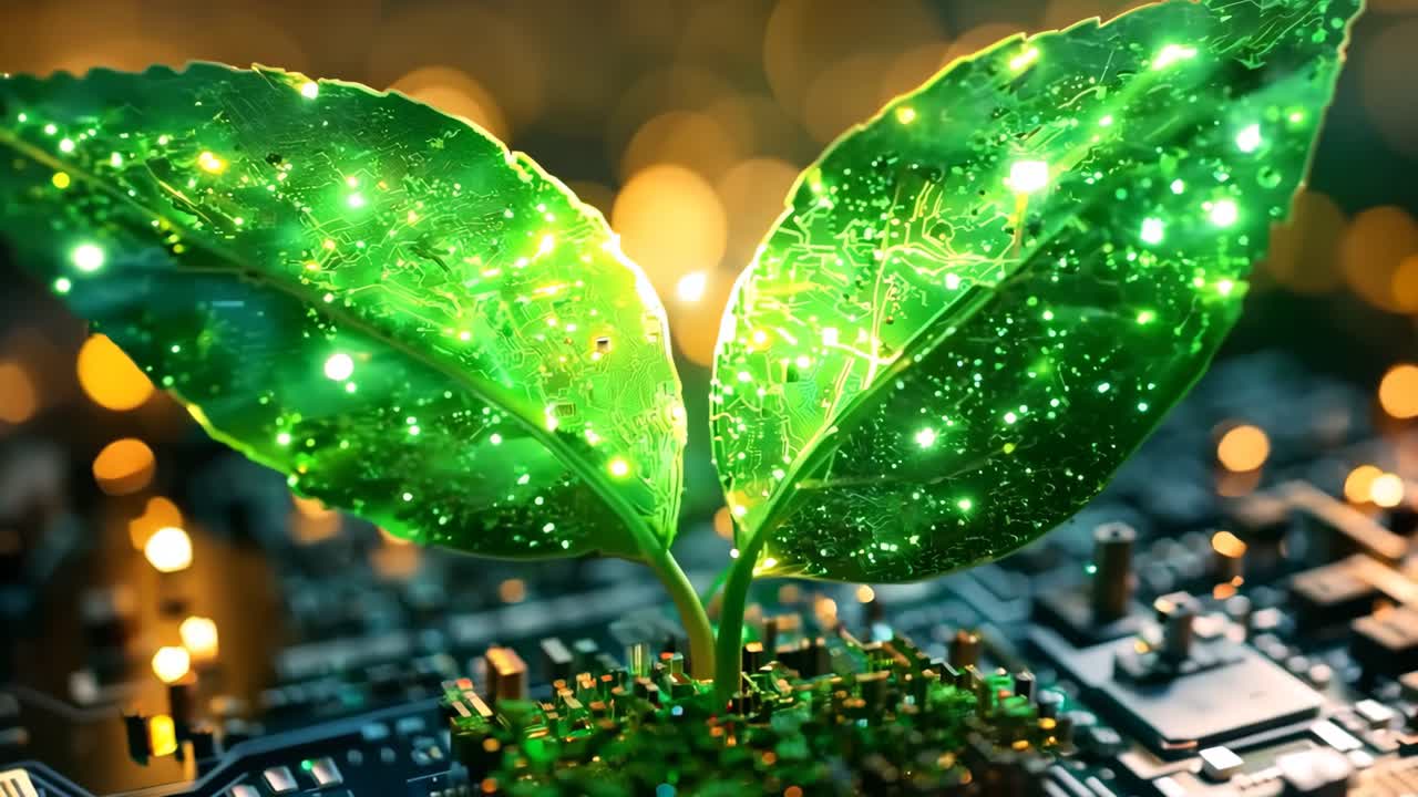 A leaf is growing on a black surface with a glowing effect. The leaf is surrounded by a glowing background, giving the impression of a futuristic or technological environment