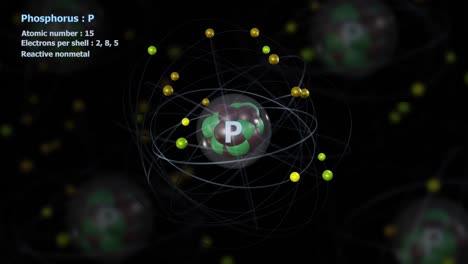 atom of phosphorus with 15 electrons in infinite orbital rotation with atoms