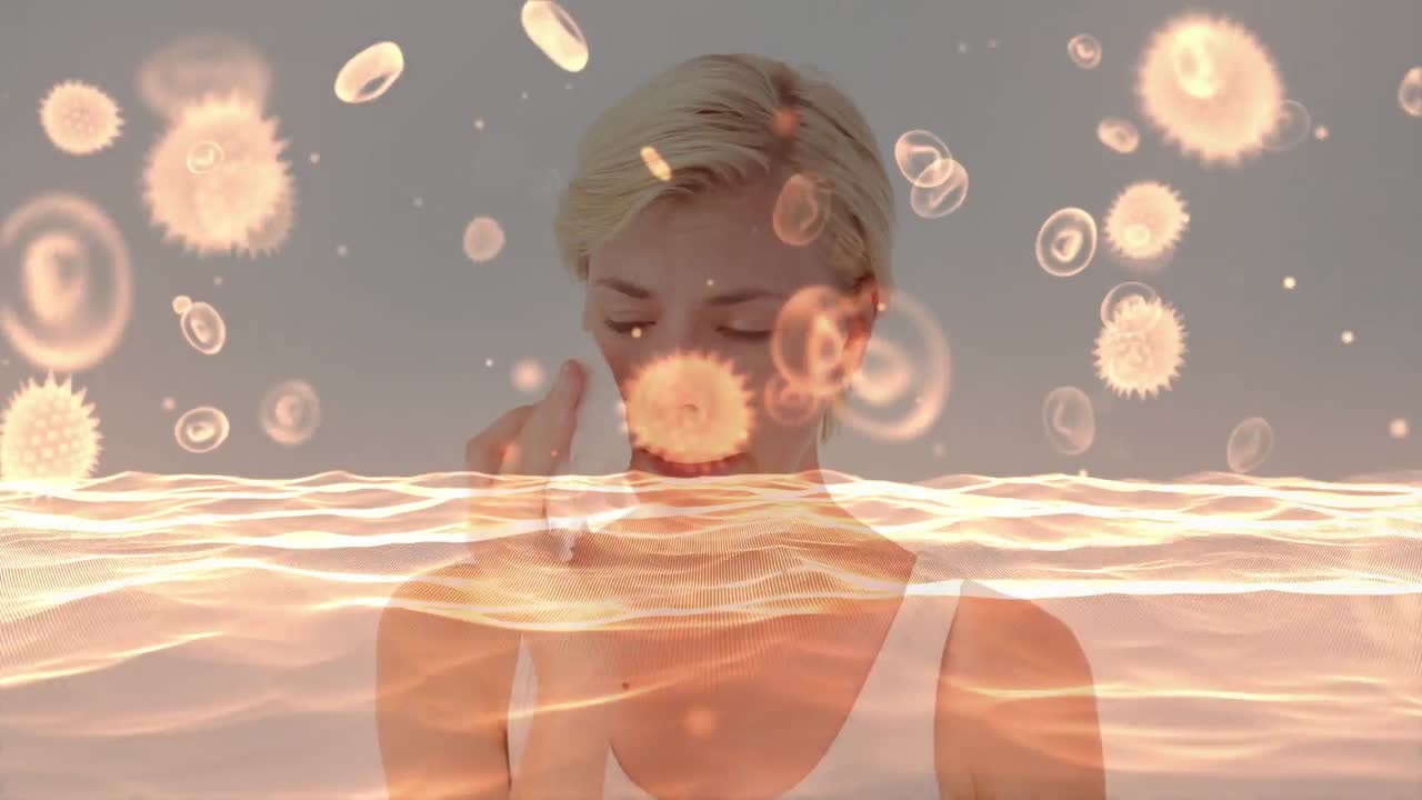 노란색 코로나 바이러스의 애니메이션으로 배경에는 아픈 여성이 있습니다.