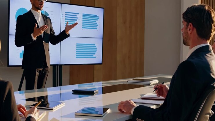 Una scena video professionale mostra una riunione d'affari con un presentatore che gesticola indicando grafici su schermi.