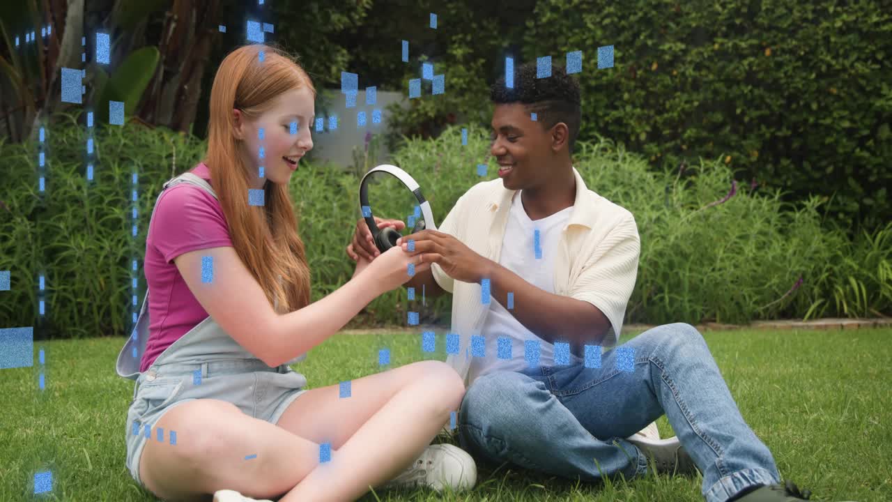 Woman adjusting headphones, man tapping phone starting audio share, blue tech overlaying phone