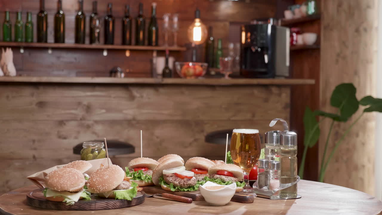 Burgers and beer at a bar