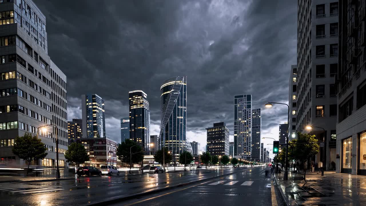 carreteras urbanas brillantes con la lluvia, reflejando luces luminosas de la ciudad y un dramático cielo nublado durante las horas del crepúsculo, revelando la atmósfera metropolitana con vehículos en movimiento